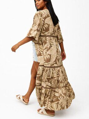 TORRID Washable Gauze Maxi Kimono Wrap Tiered Duster Beach Brown Womens Large, 0